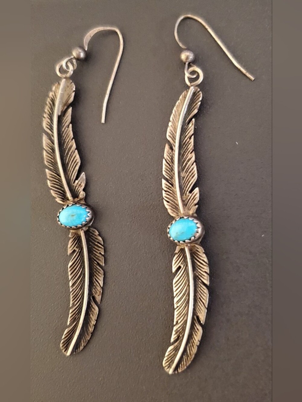 Vintage Sterling Feather Drop Earrings with Turquoise Stone